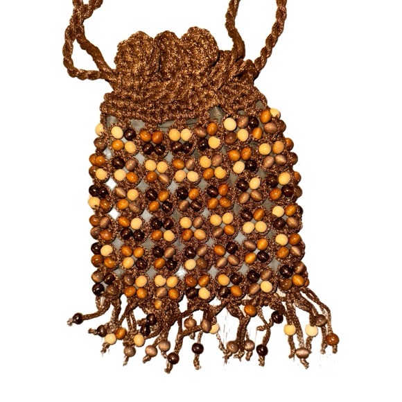 Vintage Beaded WALBORG Brown Wood Bead Women Purse Bag Fringe Handmade In Japan - Picture 4 of 12